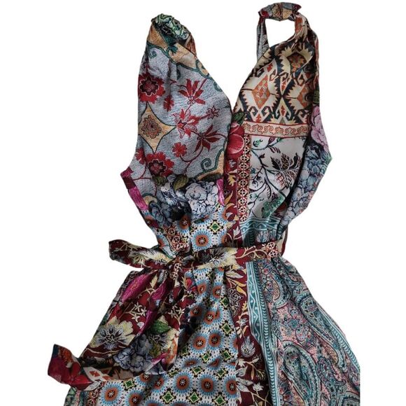 ZARA Paparazzi Patchwork Floral Geometric Belted Multicolor Jumpsuit Size S - Picture 11 of 12